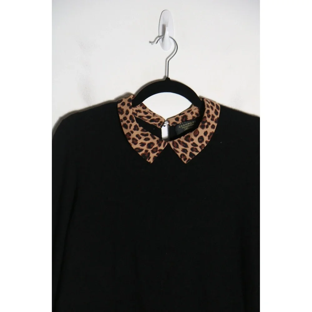 Charter Club 100% Cashmere Sweater Large Black Leopard Blouse Trim Preppy
